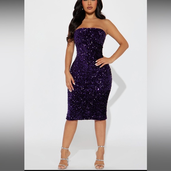 NWT Fashion Nova Sequin Strapless Purple Midi Dress - Picture 3 of 8